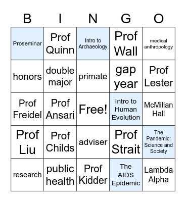 WashU Anthropology Major/Minor Welcome Bingo Card