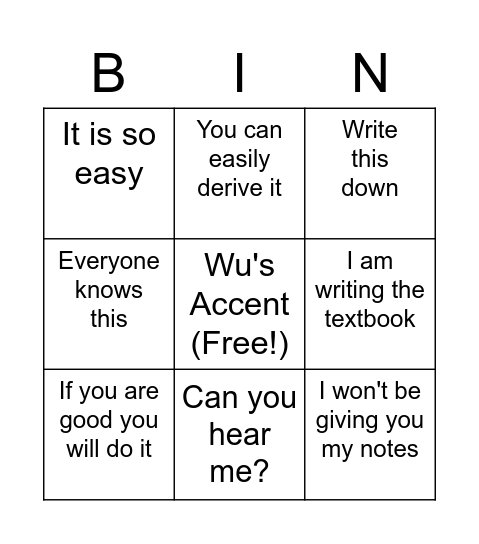 Wu Bingo v1 Bingo Card