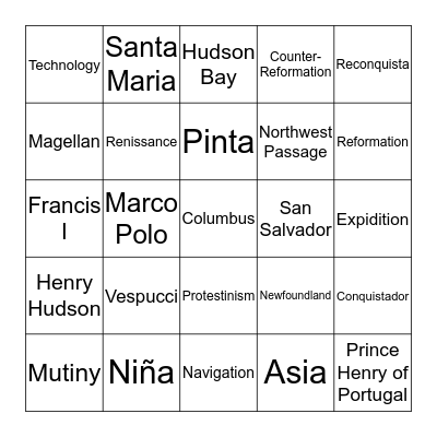 American Expedition and Colonization Bingo Card