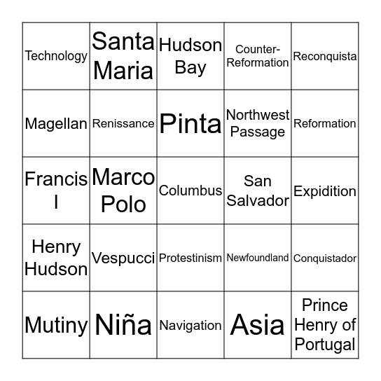 American Expedition and Colonization Bingo Card
