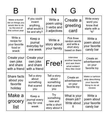 Writing Bingo Card