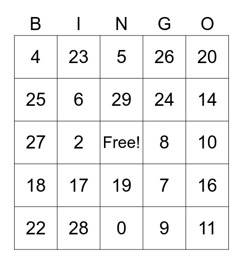 Spanish Numbers Bingo Card