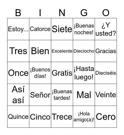 Español Bingo Card