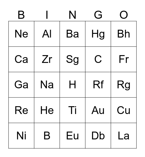 Elements  Bingo  Bingo Card