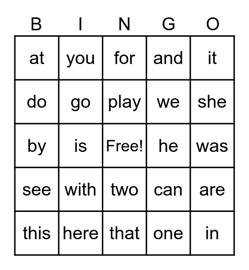 Sight Word Bingo Card