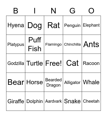 Animals Bingo Card