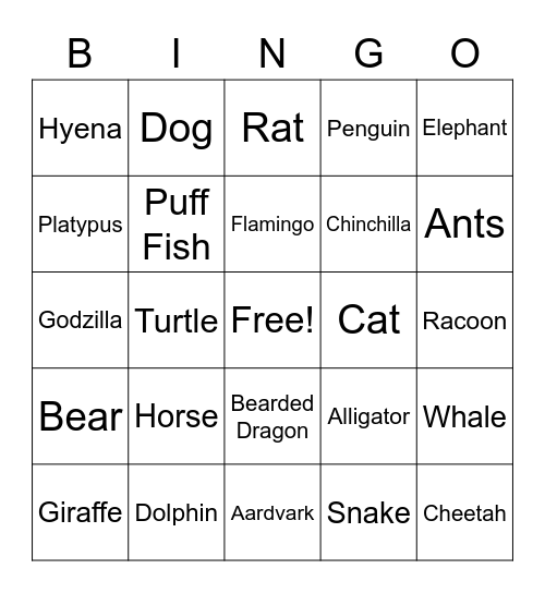 Animals Bingo Card