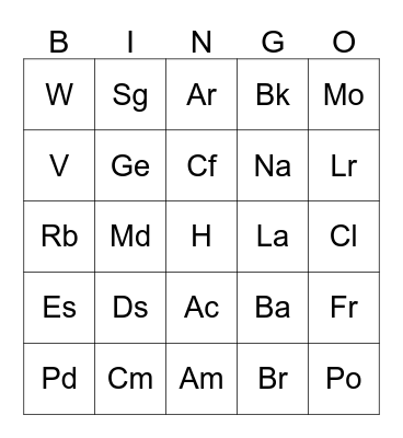 Element Bingo! Bingo Card
