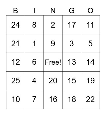 NUMBER BINGO Card