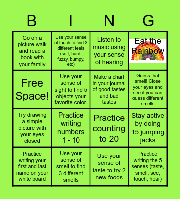 Preschool 5 Senses Bingo Card