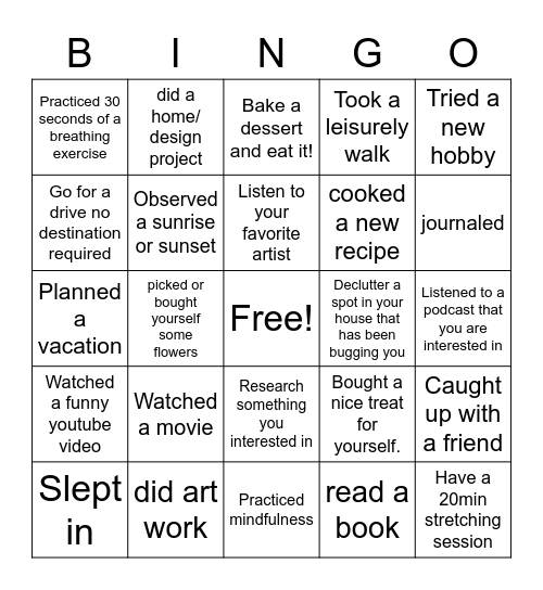 Self care bingo! Please mark what you have done in the last week and if you get bingo call ASCOM 2273 or email Angie.Dockins@ssmhealth.com Bingo Card