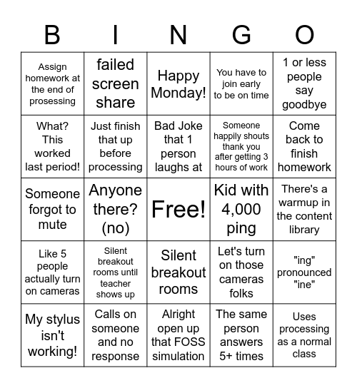 Zoom Bingo Card