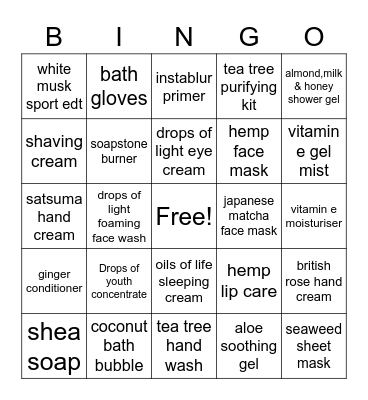 Body Shop Bingo Card