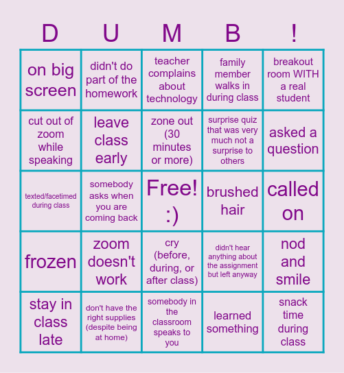 Distance Learner Bingo Card