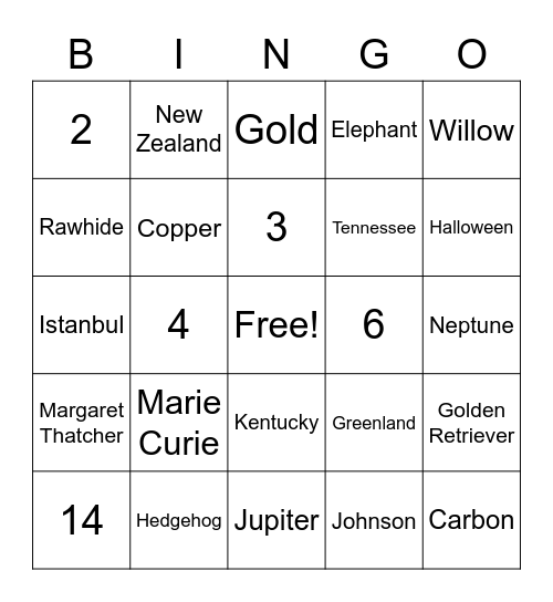 Trivia Bingo Card