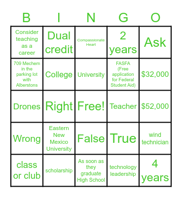 College and Careers Bingo Card