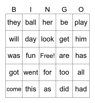 Kindergarten Bingo #1 Bingo Card