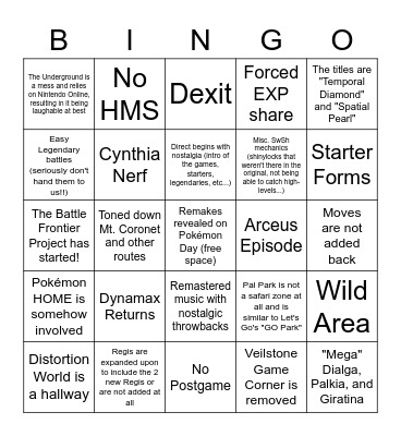 Sinnoh Remakes Bingo Card