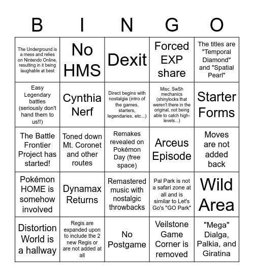 Sinnoh Remakes Bingo Card