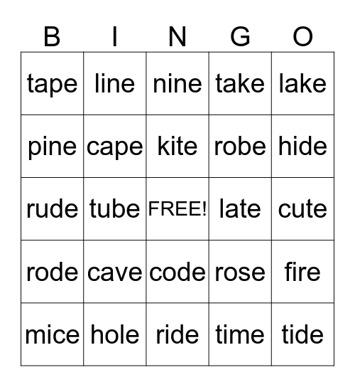 Silent E Bingo Card