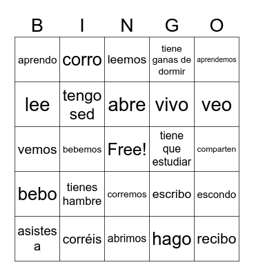 ER & IR verbs Bingo Card