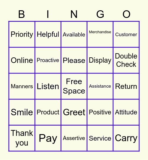 Customer Service Vocabulary Bingo Card