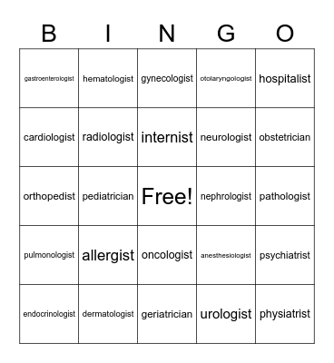 Medical Specialist Bingo Card