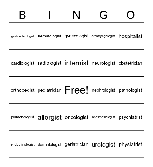 Medical Specialist Bingo Card