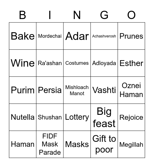 FIDF Purim Bingo Card