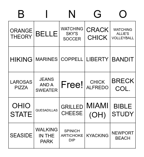 AMANDA STRICKER BINGO Card