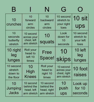 Fitness Bingo Card