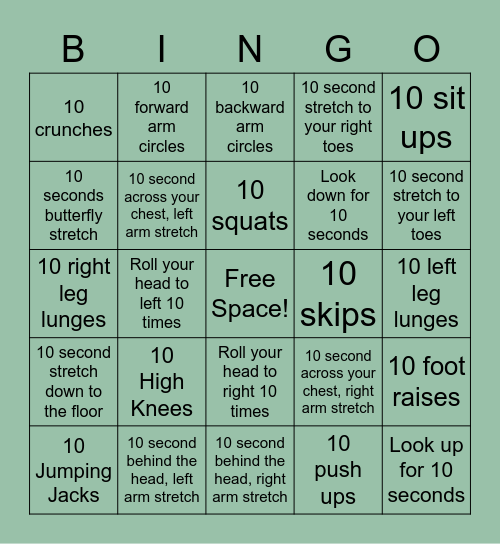 Fitness Bingo Card