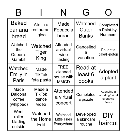 Quarantine Bingo Card