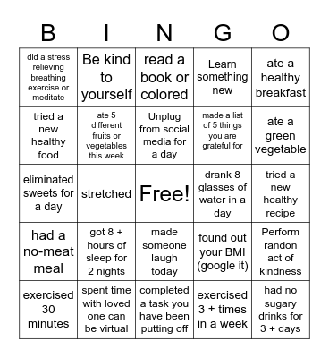 Fitness Bingo Card