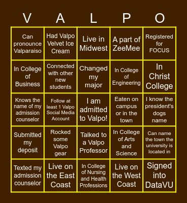 VALPO BINGO Card