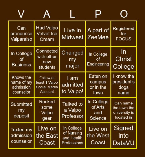 VALPO BINGO Card
