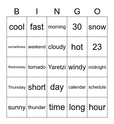 Yaretzi's Weather and Time Bingo Card
