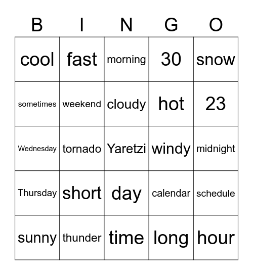 Yaretzi's Weather and Time Bingo Card
