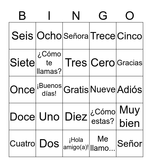 Español Bingo Card