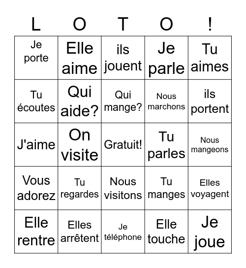 Les Verbes en -ER au Présent Bingo Card