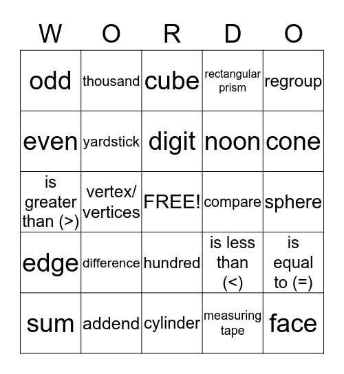 MATH WORDO Bingo Card
