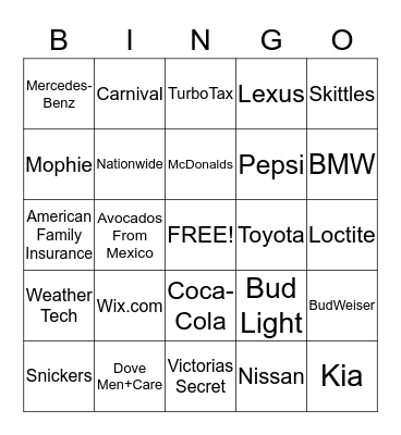 Super Bowl Commercial Bingo Card