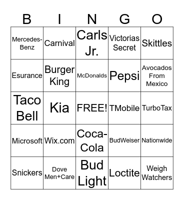 Super Bowl Commercial Bingo Card