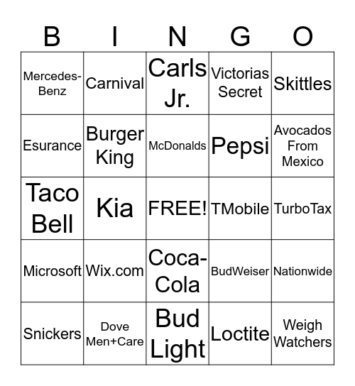 Super Bowl Commercial Bingo Card