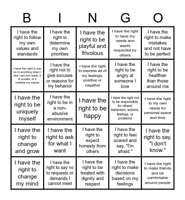 Personal Rights Bingo Card