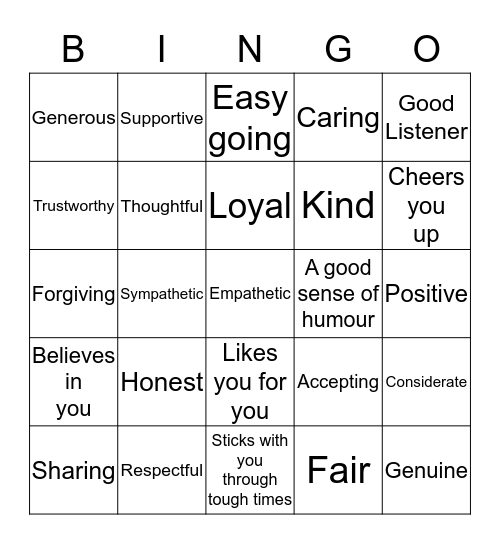 Friendship Bingo Card