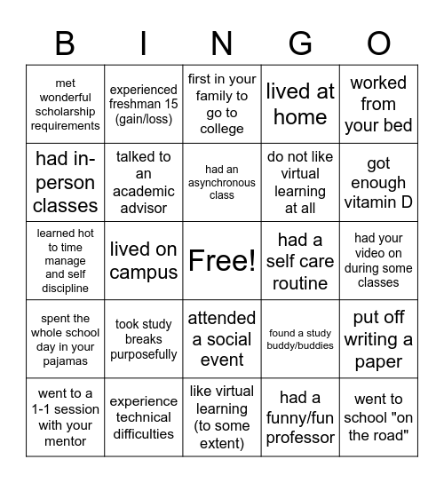 Virtual College Bingo Card