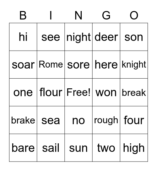 Homophone Bingo Card