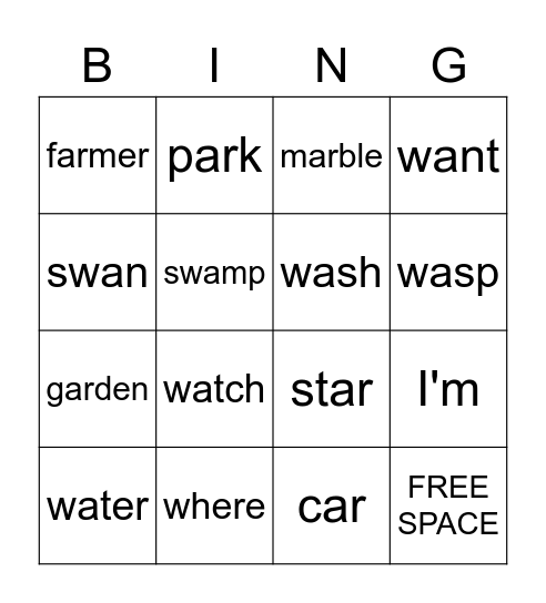 Spelling Word Bingo Card