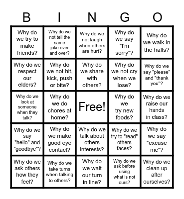 "WH" Why? Social Skills Bingo Card